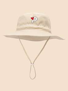 1 pieza Sombrero de sol para niños con patrón de corazón y letra, con cordón ajustable a prueba de viento, estilo casual tipo cubo para uso diario al aire libre, playa, protección solar - Beis - Ver 36