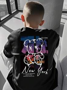 青少年男童休闲印花圆领短袖T恤，夏季上衣 - 黑色 - 查看 7