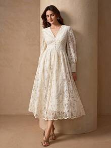 优雅V领开衩下摆女式奢华别致连衣裙 - 杏色 - 查看 3