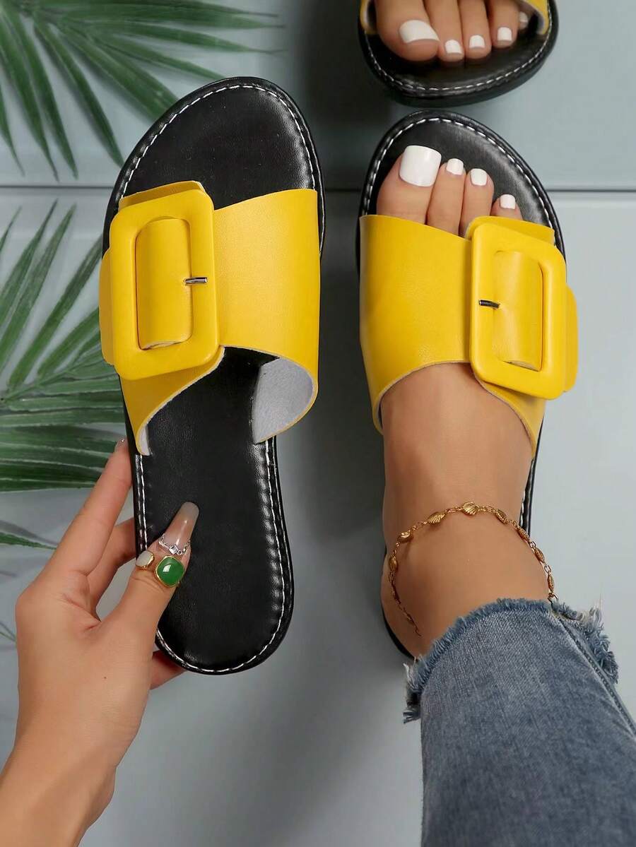 Sandálias Rasteiras de Praia Estilo Casual com Estampa Sólida, Biqueira Aberta, Tipo Deslizante, Novo Estilo Europeu e Americano para Mulheres