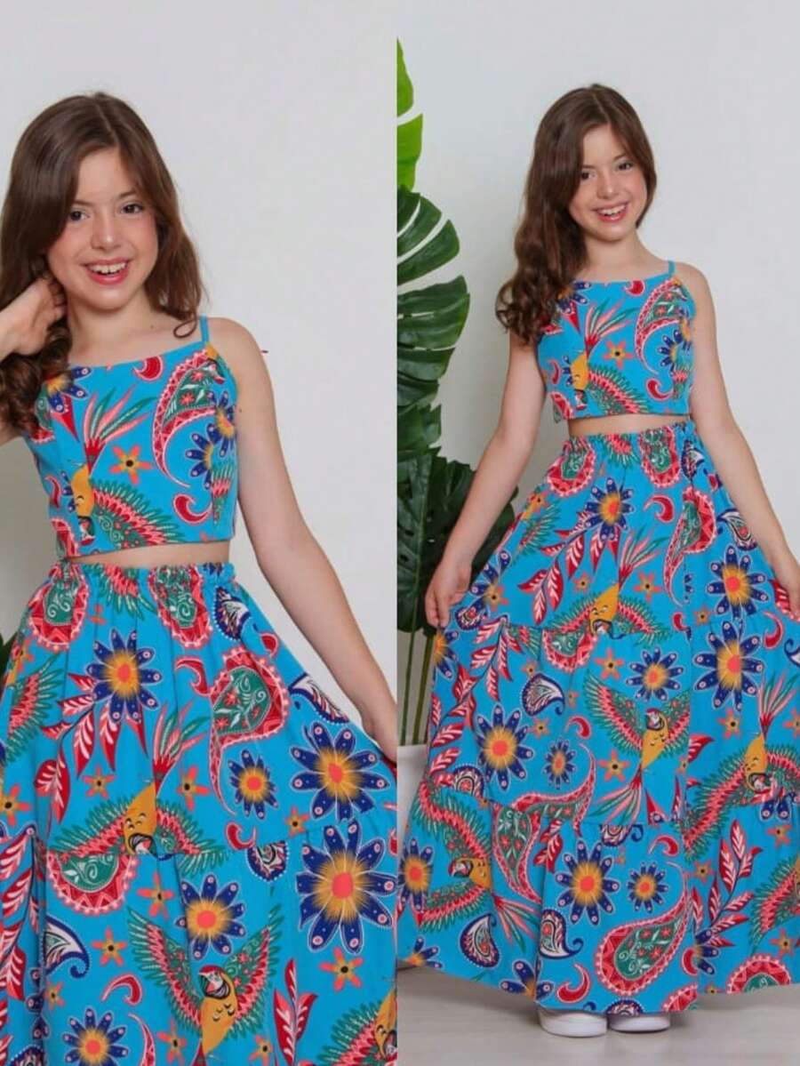 Girl's Set, Long Skirt And Cropped Top, Children's And Youth, 2 Pieces, Multicolored - 藍色 - 查看 1