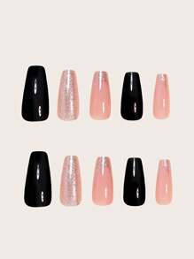 24 peças Kit de Unhas Postiças Francesas de Formato Quadrado Longo, Multicoloridas, Gradiente Brilhante Preto e Rosa, Encaixam Perfeitamente, Unhas Falsas de Cobertura Completa, Inclui 1 Peça folha de Adesivos e 1 Peça Lima Mini, Para Uso Diário, Escritório, Casa, Festa, Acessórios de Joias Femininas, Dicas de Unhas Falsas 1 Peça Tira de Lima, Gel de Gelatina, Envio Aleatório