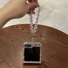 可爱粉色花朵贝壳手机壳带闪光手链适用于三星 Galaxy Z Flip 5 6 Z Flip6 ZFlip7 ZFlip 5 Zflip6 Zflip5 防震后盖防水防摔防刮 - 粉色 - 查看 7