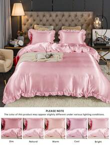 2/3pcs Satin Ruffled Duvet Cover Set, Ruffled Tassel Duvet Cover Set, Solid Retro Luxury Farmhouse Style Bedding Set, 3pcs Boho Ruffled Tie Duvet Cover Set (Comforter Not Included). Perfectly Fits Twin, Full, Queen, King Size Beds. Suitable For Home Bedding, Dorm Supplies And Christmas Decor. - Pink - View 10