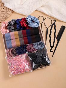 Bộ phụ kiện tóc 1109 món cho bé gái, Dây buộc tóc đuôi ngựa bằng nylon cơ bản, Dây buộc tóc bằng vải satin đen nâu, Băng đô bằng dây thun co giãn màu trung tính, Bộ dụng cụ tạo kiểu tóc tết Phụ kiện tóc hàng ngày - Nhiều màu - Xem 8