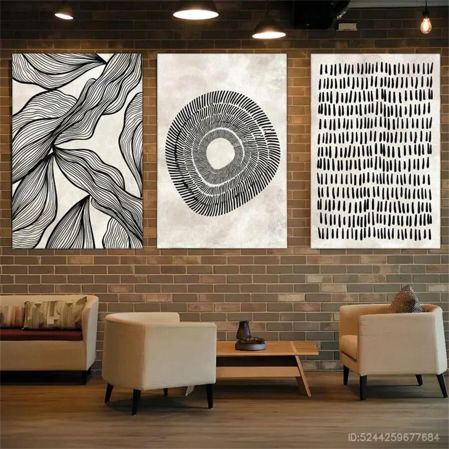 1 pieza/3 piezas Arte de pared abstracto minimalista con líneas, decoración moderna con formas geométricas en negro y beige, lienzos impresos como cuadros de moda para decoración de sala de estar, dormitorio, oficina en casa o dormitorio, diseño de fondo de pared. Marco opcional. - Multicolor - Ver 1