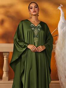 Elegant Green Embellished Kaftan Evening Gown With V-Neck , Friendly Formal Dress For Women, Luxury Abaya Style Gown For Party And Wedding,Long Formal Dress,Modest Style Dress - Army Green - View 1