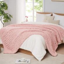 Chunky Knit Blanket - Soft Chenille Yarn Throws 40x50: Handmade Thick Cable Crochet Blanket - Large Chunky Yarn Rope Knot Throw For Couch, Sofa, Bed Home Decor - 粉色 - 查看 1