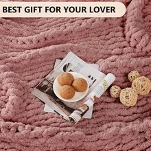 Chunky Knit Blanket - Soft Chenille Yarn Throws 40x50: Handmade Thick Cable Crochet Blanket - Large Chunky Yarn Rope Knot Throw For Couch, Sofa, Bed Home Decor - 玫瑰粉紅 - 查看 6