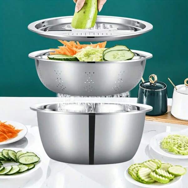 3pcs Stainless Steel Kitchen Set With Integrated Grinder, Multi-Functional Strainer & Mixing Bowl - Ideal For Cleaning & Slicing Fruits, Vegetables, Cheese | Food-Safe With Drainage System, Perfect For Home Cooking, Grinder For Kitchen
