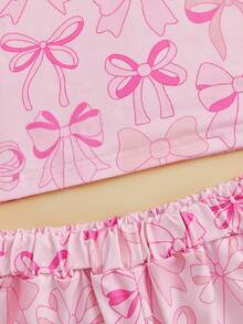 6M-4T Toddler Baby Girl Summer Outfits Bow Pattern Crew Neck Short Sleeve T-Shirt With Shorts 2 Pcs Set - Pink - View 6