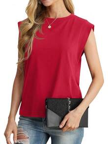 GRECERELLE Women 2025 Cap Sleeve Tops Summer Casual Tee Shirt Loose Crew Neck Basic Tank  Work Vacation Outfits (S-2XL) - Red - View 6