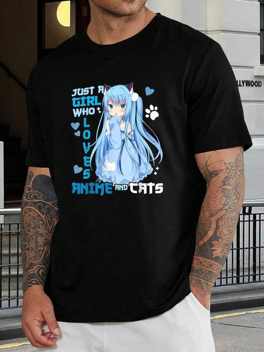 Camiseta de Gato Anime - Camiseta Kawaii Manga - Regalo Otaku - Top de Cosplay para Hombres y Mujeres - Ropa para Amantes de Gatos Anime - Camiseta Casual Corta Fresca para el Marido - Negro - Ver 1