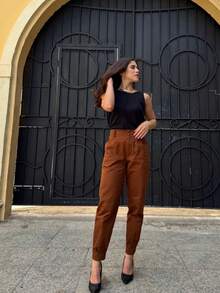 ISADORA MODA Women's Carrot Pants Twill, 2 Buttons, With Pockets, Solid Color() - Coffee Brown - View 2