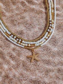 4pcs Bohemian Style Random Color Glass Bead Starfish Pendant Layered Necklace Set, Suitable For Beach, Vacation, Party - Beige - View 2