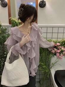 女式 V 领荷叶边长袖透明衬衫，时尚法式上衣，夏季 - 淡紫色 - 查看 9