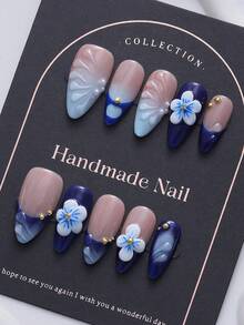10 piezas Uñas de almendra, Francés degradado azul pintado a mano, Diseño en relieve 3D, Estilo Y2K, Adecuado para mujeres y niñas, Elegante y elegante Uñas postizas Suministros para uñas - Azul - Ver 1
