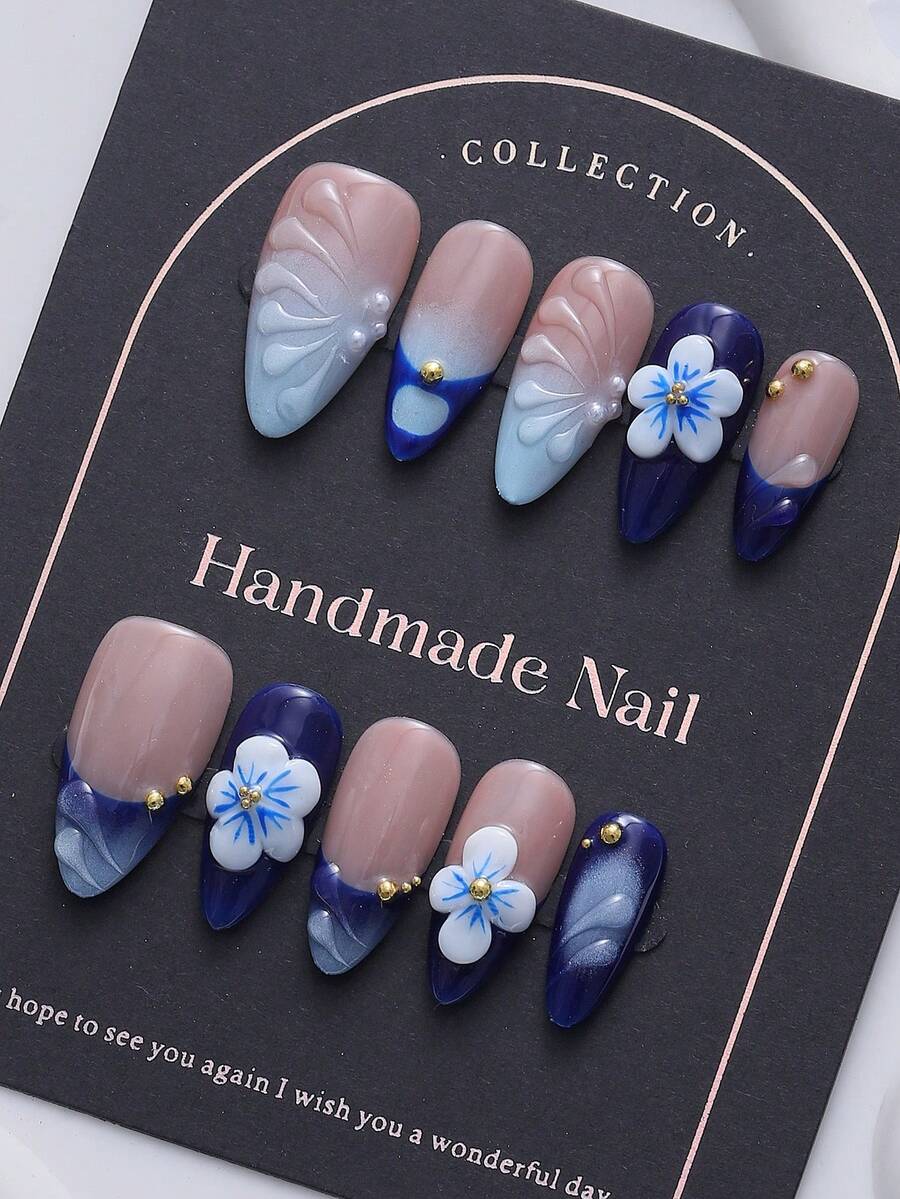10 piezas Uñas de almendra, Francés degradado azul pintado a mano, Diseño en relieve 3D, Estilo Y2K, Adecuado para mujeres y niñas, Elegante y elegante Uñas postizas Suministros para uñas - Azul - Ver 1