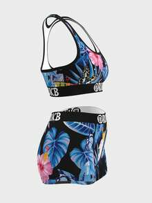 Ladies' Fashionable Cartoon Printed Pattern Swimming, Fitness, Yoga, Boxing, Running And Other Essential Sports Underwear Set, Full Body Flower Printed Plant Butterfly Classic Sexy Sports Underwear For All Seasons - Blue - View 4