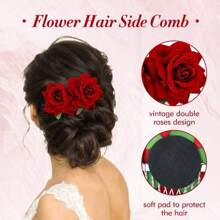 1 Stück Rosen Blumen Haarclip für Frauen, Rosen Blumen Haarzubehör, Hochzeit Haarclip für Flamenco Tänzerin (Rot), Seitenkämme, Schulsachen