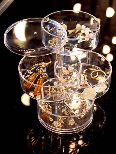 1pc Transparent S Rotatable Jewelry Box, Multifunctional Cosmetic Storage Box, Dressing Table Countertop Organizer, Accessories Storage Box, Cosmetics Display Rack, Home Decor, Room Decor, Bathroom Accessories, Suitable For Bracelets, Earrings, Rings, Necklaces, Brooches, Hair Clips, Headbands, Watches, Puffs,Etc