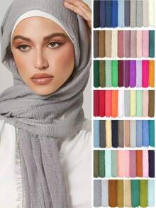 1pc Women's Solid Pleated Basic Classic Plain Headscarf Hijab Wrap Abaya Accessories - Pleated Cotton and Linen - View 2
