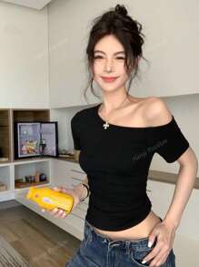 Women's Sexy Asymmetrical Neck Short Sleeve Fitted Crop Top