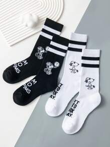 SNOOPY 2 pares de calcetines de media pantorrilla de rayas de dibujos animados de alta calidad en negro y blanco para hombres, calcetines de mujer de la caricatura Snoopy, calcetines de verano regalo para hombres, calcetines transpirables y cómodos, estilo de pareja