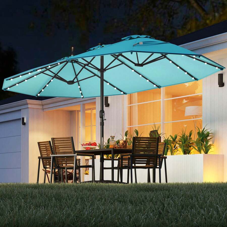 Lifezeal 15Ft Patio Double-Sided Solar LED Market Umbrella Crank 36 Lights Base - 綠松石 - 查看 1