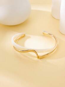 1pc Women's Lightweight Luxurious White Shell & Metal Curved Bangle, Versatile Daily Wear - Bracelet - View 2