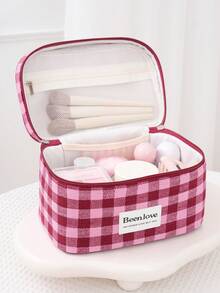 1 pieza/Set Bolsa de cosméticos a cuadros retro Y2K, bolsa de maquillaje a cuadros rosa y blanca linda para damas, bolsa de cosméticos con cremallera de gran capacidad, bolsa de viaje a cuadros casual para almacenamiento, bolsa de cosméticos esencial para viajes y vacaciones, puede almacenar toallas sanitarias y tampones, adecuada para el nuevo período escolar, primavera/verano, aniversario, vacaciones, uso diario, festivales, un regalo ideal para mujeres, también una excelente opción de regalo de Navidad - Rosa Fucsia - Ver 3