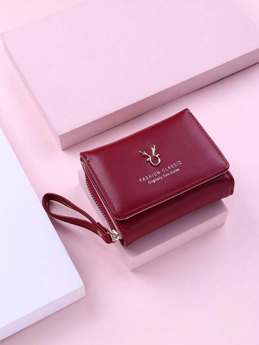New Women Short Wallet Red Deer Horn Mini Zipper Coin Purse Cartoon Tri-Fold Snap Card Holder - Burgundy - View 1