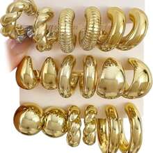 Gold Hoop Earrings Set For Women Hypoallergenic Chunky Chain Twisted Open Hoops Dangle Earring Packs For Birthday Party Christmas Fashion Jewelry Gift