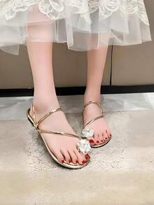 女士闪亮金色 PU 趾环凉鞋，夏季罗马沙滩鞋，水晶装饰平底人字拖，仙女风格一脚蹬休闲拖鞋