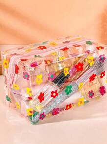 1pc Flower Transparent Waterproof Cosmetic Bag,Fashion Cute Waterproof Storage Pouch For Accessories,Jewelry,Toiletries,Valentine's Day Gift,Sleek Chic Transparent PVC Makeup Bag With Large Capacity - Portable Travel Cosmetic Organizer With Zipper, Colorful Floral Design Valentines