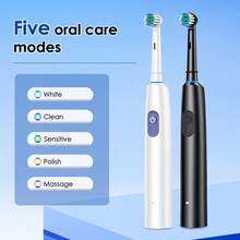 Black/White Rotating Electric Toothbrush, Fully Automatic Teeth Cleaner For Adults With 3D Cleaning Vibration, Rotating, Pulsing, Timing, 5 Modes (Whitening, Cleaning, Sensitive, Polishing, And Massage) With 4 Replacement Soft Brush Heads And Type-C Charging Cable(600mAh) - màu đen - Xem 4