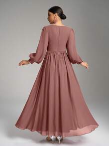 SUPGIR Vestido largo de gasa con cuello en V, cintura plisada, adorno de perlas y mangas farol