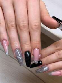 24 peças Kit de Unhas Postiças Francesas de Formato Quadrado Longo, Multicoloridas, Gradiente Brilhante Preto e Rosa, Encaixam Perfeitamente, Unhas Falsas de Cobertura Completa, Inclui 1 Peça folha de Adesivos e 1 Peça Lima Mini, Para Uso Diário, Escritório, Casa, Festa, Acessórios de Joias Femininas, Dicas de Unhas Falsas 1 Peça Tira de Lima, Gel de Gelatina, Envio Aleatório