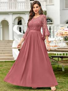 MIUSOL Sequin Floral Lace Flare Sleeve Contrast Chiffon Formal Party Maxi Dress, Elegant Party, For Wedding Guest, Graduation, Dinner,Gown,Evening