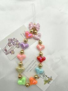 1pc Colorful Heart Beaded Bow Decor Lanyard Phone Case, Suitable For Daily Outfit, Beach Party Wear (Random Heart Color)