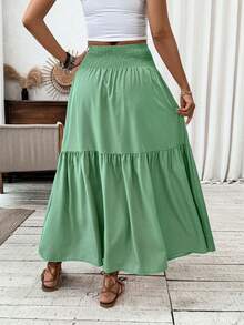 Women's Maxi Skirt Casual Ruffled Hem Ladies Summer A-Line Long Skirts - 草綠 - 查看 3