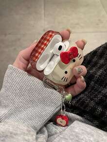 Sanrio 1pc Cartoon Cute KT Kitty, 3D Stereo Diamond Butterfly With Cute APPLE Heart Pendant, Drop And Scratch Resistant Bluetooth Headset Protective Case, Compatible With AIRPODS 1/2/3/4/Pro/Pro(2nd)