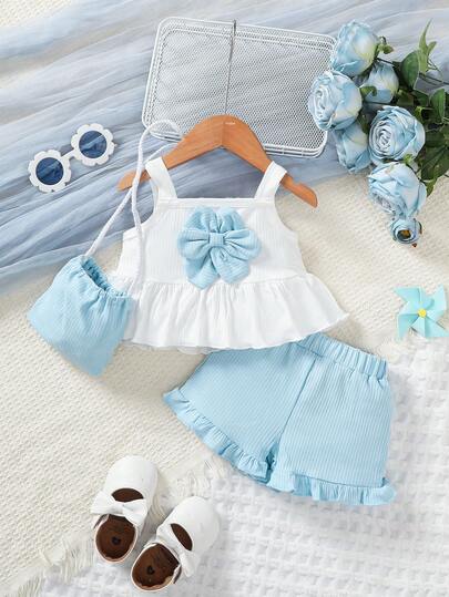 2pcs/Set Casual Fashionable Floral Embroidered Camisole Top & Blue Shorts Set, Summer