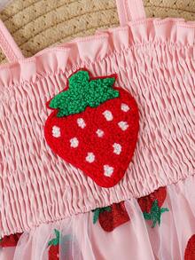 Baby Girls Cute Summer Outfit Set: Strawberry Print Strap With Mesh Strawberry Decor Bodysuit & Headband, Plus Outdoor Sport Wear - Pink - View 6