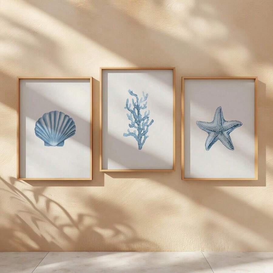 1/3 件水彩蓝色海岸墙艺术画贝壳、珊瑚、海星印刷帆布画简约夏季海报航海海洋海滩装饰适用于卧室、客厅或办公室装饰礼物，无框 - 彩色 - 查看 1