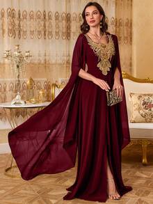 SUPGIR V-Neck Pleated Waist Pearl Decorated Lantern Sleeve Long Chiffon Formal Dress - 酒紅色 - 查看 5