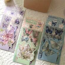 6pcs Flower & Butterfly Stickers - Self-Adhesive PET Plastic Stickers For Scrapbooking, Journals, DIY Crafts, With Blue, Gold Accents, Leaves And Butterflies, Rectangular Shape, Scrapbooking Stickers, Butterfly Decor,School Supplies,Back To School
