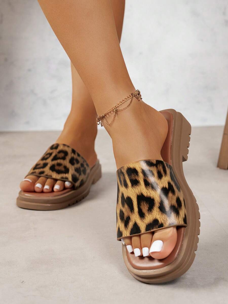 New Flat Slide Sandals For Women, Fashion Casual Simple Beach Shoes, Leopard Print Round Toe Slip On Slippers, Summer, Plus Size, EU Style - Brown Leopard Print - View 1