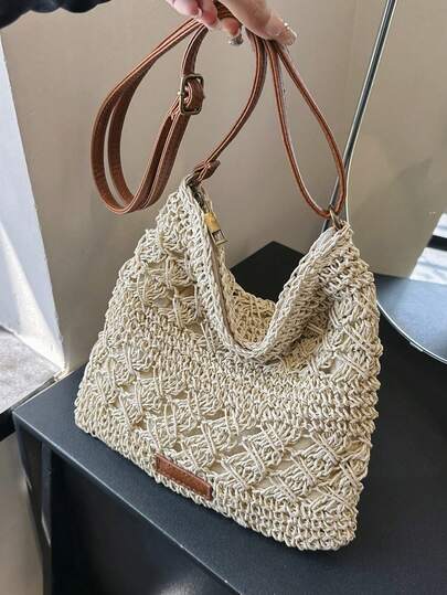 迷你纯色钩针包，小号编织斜挎包，可调节肩带，时尚迷你镂空花卉图案手机袋，女士礼物