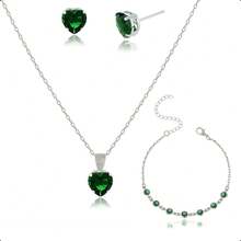 925 Silver Plated Semi-Jewelry Kit With Necklace, Earring And Heart Bracelet – Ideal Gift For Mother's Day - 翠 - 查看 1